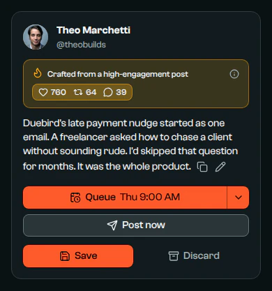 A post crafted from a high-engagement post, with that post's engagement shown, about how Duebird's late payment nudge started.