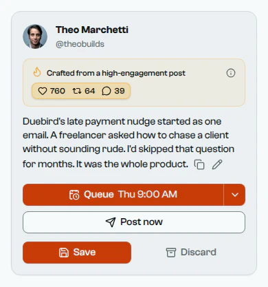 A post crafted from a high-engagement post, with that post's engagement shown, about how Duebird's late payment nudge started.