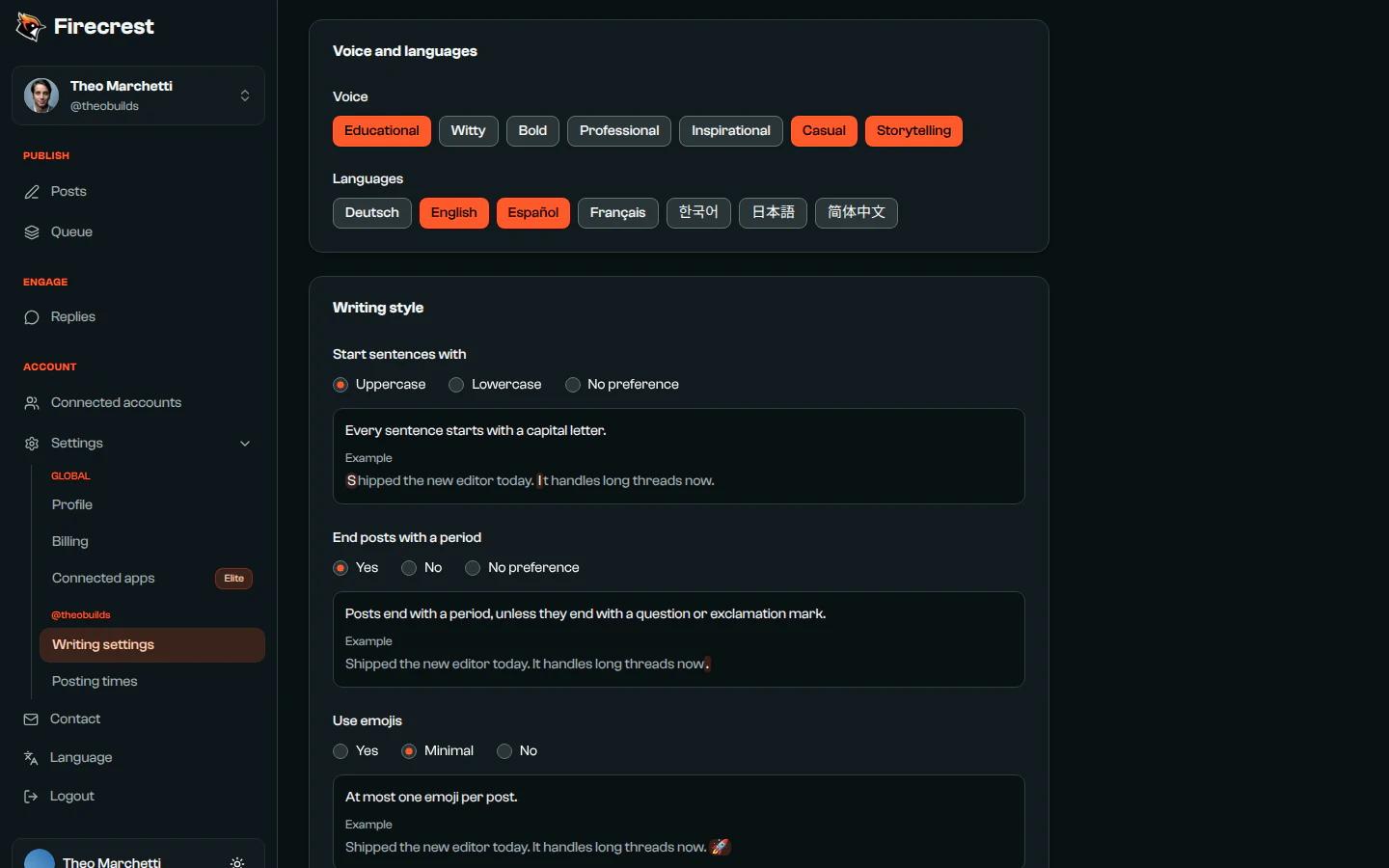 Writing settings with Educational, Casual and Storytelling as the voice and English and Spanish as the languages.